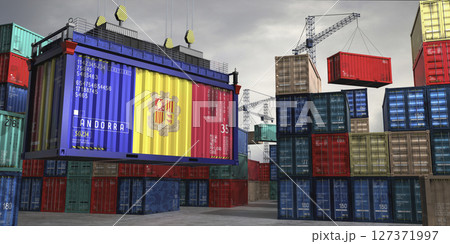 Cargo container with flag of Andorra lifted by crane at freight terminal - 3D illustration 127371997