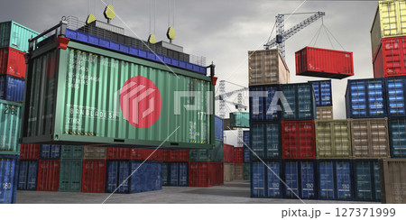 Cargo container with flag of Bangladesh lifted by crane at freight terminal - 3D illustration 127371999