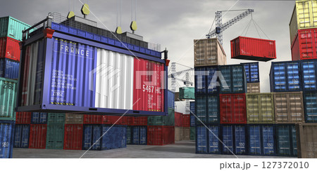 Cargo container with flag of France lifted by crane at freight terminal - 3D illustration 127372010