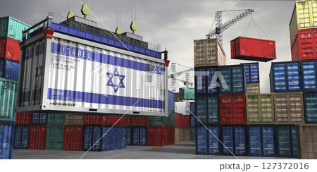 Cargo container with flag of Israel lifted by crane at freight terminal - 3D illustration 127372016