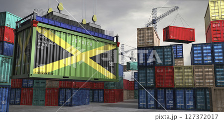 Cargo container with flag of Jamaica lifted by crane at freight terminal - 3D illustration Cargo container with flag of Jamaica lifted by crane at freight terminal - 3D illustration 127372017