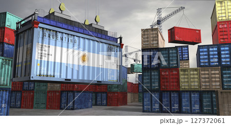 Cargo container with flag of Argentina lifted by crane at freight terminal - 3D illustration 127372061