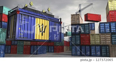 Cargo container with flag of Barbados lifted by crane at freight terminal - 3D illustration Cargo container with flag of Barbados lifted by crane at freight terminal - 3D illustration 127372065