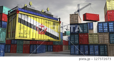 Cargo container with flag of Brunei lifted by crane at freight terminal - 3D illustration 127372073