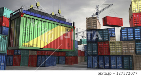 Cargo container with flag of Republic of the Congo lifted by crane at freight terminal - 3D illustration Cargo container with flag of Republic of the Congo lifted by crane at freight terminal - 3D illustration 127372077