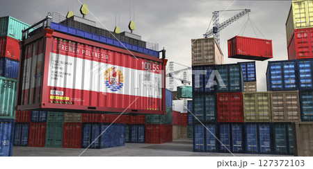 Cargo container with flag of French Polynesia lifted by crane at freight terminal - 3D illustration Cargo container with flag of French Polynesia lifted by crane at freight terminal - 3D illustration 127372103