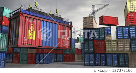 Cargo container with flag of Mongolia lifted by crane at freight terminal - 3D illustration 127372166