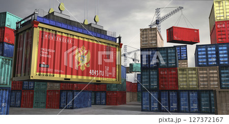 Cargo container with flag of Montenegro lifted by crane at freight terminal - 3D illustration 127372167