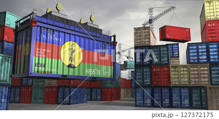 Cargo container with flag of New Caledonia lifted by crane at freight terminal - 3D illustration 127372175