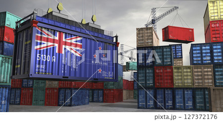 Cargo container with flag of New Zealand lifted by crane at freight terminal - 3D illustration 127372176