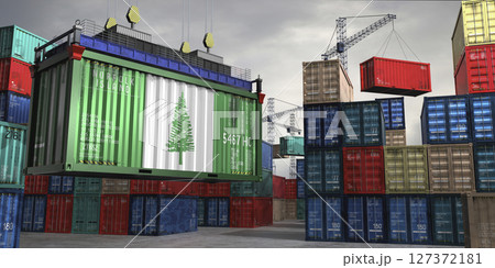 Cargo container with flag of Norfolk Island lifted by crane at freight terminal - 3D illustration Cargo container with flag of Norfolk Island lifted by crane at freight terminal - 3D illustration 127372181