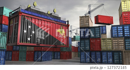 Cargo container with flag of Papua New Guinea lifted by crane at freight terminal - 3D illustration Cargo container with flag of Papua New Guinea lifted by crane at freight terminal - 3D illustration 127372185