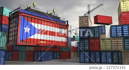 Cargo container with flag of Puerto Rico lifted by crane at freight terminal - 3D illustration Cargo container with flag of Puerto Rico lifted by crane at freight terminal - 3D illustration 127372191