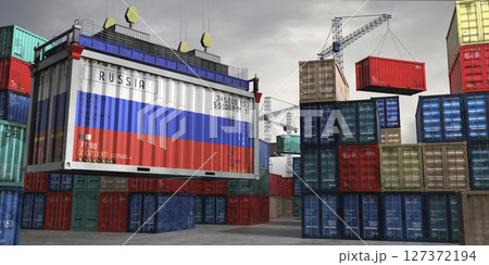 Cargo container with flag of Russia lifted by crane at freight terminal - 3D illustration 127372194