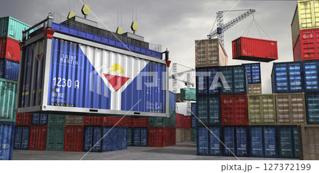 Cargo container with flag of Saint Martin lifted by crane at freight terminal - 3D illustration 127372199