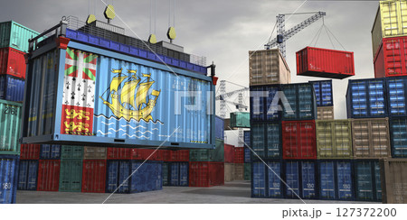 Cargo container with flag of Saint Pierre and Miquelon lifted by crane at freight terminal - 3D illustration 127372200