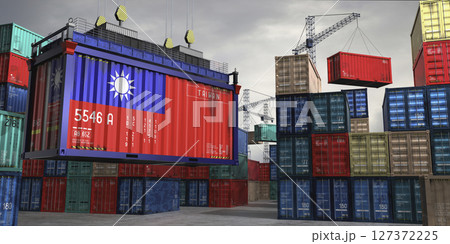 Cargo container with flag of Taiwan lifted by crane at freight terminal - 3D illustration 127372225