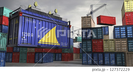 Cargo container with flag of Tokelau lifted by crane at freight terminal - 3D illustration 127372229