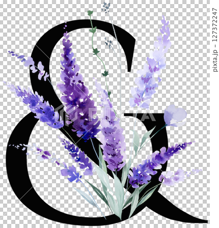 Black symbol ampersand with watercolor purple lavender flowers, summer floral wedding isolated monogram Black symbol ampersand with watercolor purple lavender flowers, summer floral wedding isolated monogram 127372247