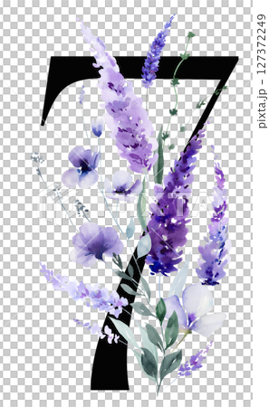 Black number 7 with watercolor purple lavender flowers bouquet, summer floral wedding element 127372249