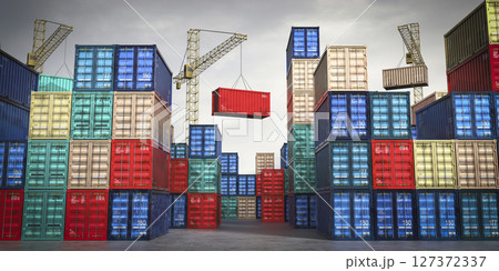 Shipping containers and cranes in cargo terminal - 3D illustration 127372337