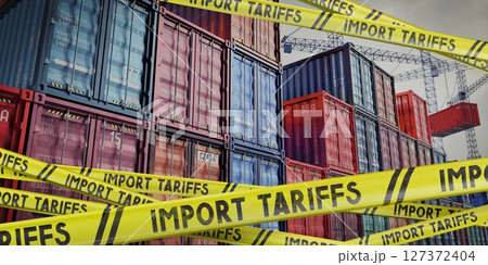 Import tariffs tapes and cargo containers - 3D illustration 127372404