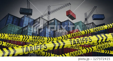 Tariffs tapes and cargo containers - 3D illustration 127372415