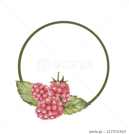 Light green round frame with raspberry leaves and berries in a realistic style. Watercolor illustration isolated on white background. For decoration of posters, cards, invitations 127372420
