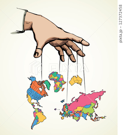 Man hand with a World map. Continents with contours of countries. Vector drawing 127372458