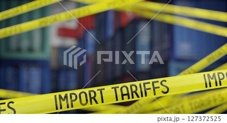 Import tariffs tapes and cargo containers - 3D illustration Import tariffs tapes and cargo containers - 3D illustration 127372525