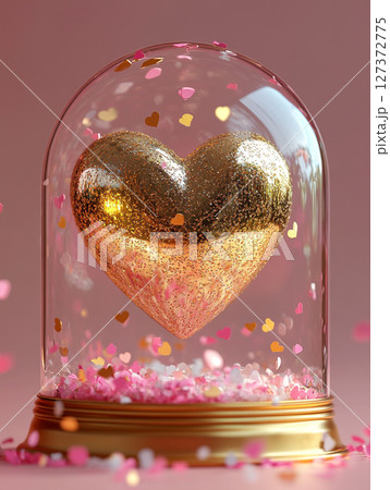 A glittering golden heart encased in a glass dome, surrounded by cascading pink confetti and shimmering glitter on a soft pink background. 127372775