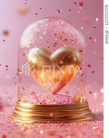 A glittering golden heart encased in a glass dome, surrounded by cascading pink confetti and shimmering glitter on a soft pink background. 127372776