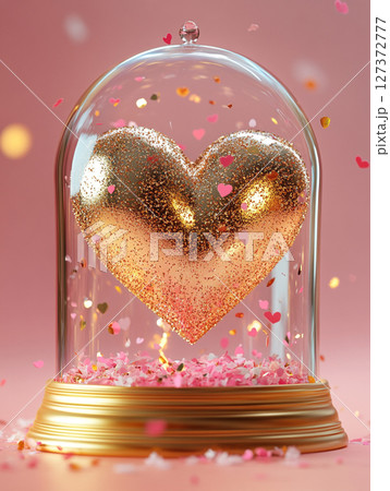 A glittering golden heart encased in a glass dome, surrounded by cascading pink confetti and shimmering glitter on a soft pink background. 127372777