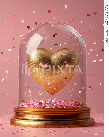 A glittering golden heart encased in a glass dome, surrounded by cascading pink confetti and shimmering glitter on a soft pink background. 127372778