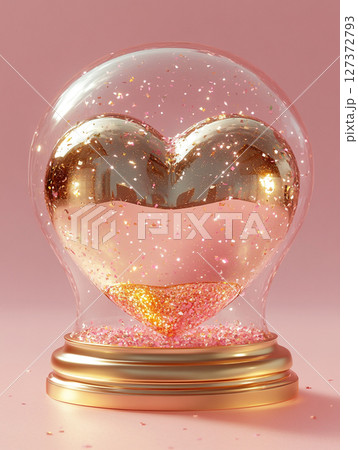 A glittering golden heart encased in a glass dome, surrounded by cascading pink confetti and shimmering glitter on a soft pink background. 127372793