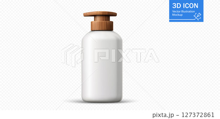 Elegant white cosmetic container with wooden pump top against a simple background for product display and branding Elegant white cosmetic container with wooden pump top against a simple background for product display and branding 127372861