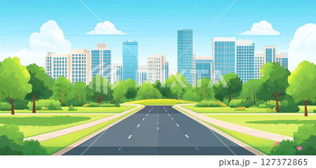 A cartoon city view with a road leading to modern buildings, surrounded by green trees and a blue sky. A cartoon city view with a road leading to modern buildings, surrounded by green trees and a blue sky. 127372865