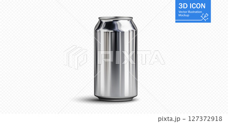 Silver aluminum can standing on a light textured background with a sleek and modern look 127372918