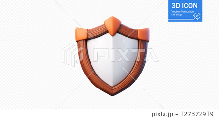 3D shield icon design with wooden and orange elements for digital projects and applications 127372919