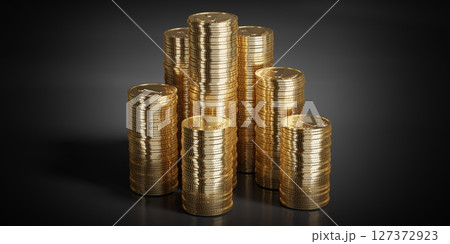 Golden coins isolated on black background - 3D illustration 127372923