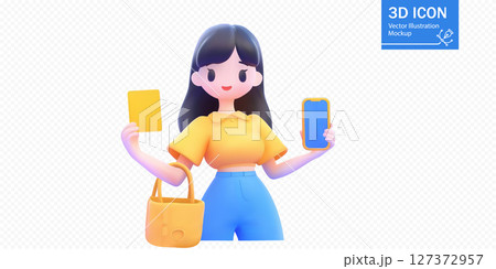 Vector illustration of a young woman holding a phone and a card while wearing a stylish outfit 127372957