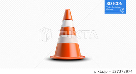 Traffic cone designed in three-dimensional style, showcasing vibrant orange and white colors for construction zones 127372974