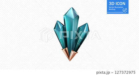 Stylized teal crystal cluster with golden accents on a light textured background ideal for design projects 127372975