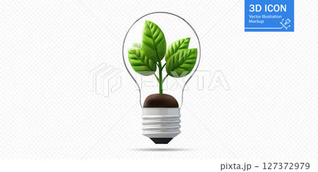 Light bulb with green leaves and soil symbolizes eco-friendly energy and sustainability concepts 127372979