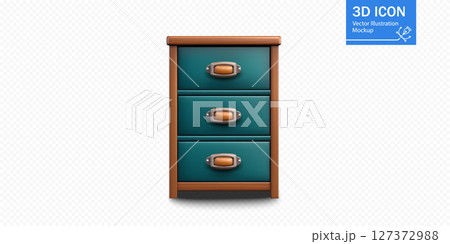 Stylish three-drawer bedside cabinet with teal finish and wooden accents 127372988