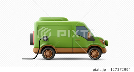 Electric green delivery van charging in a modern urban environment during the daytime 127372994