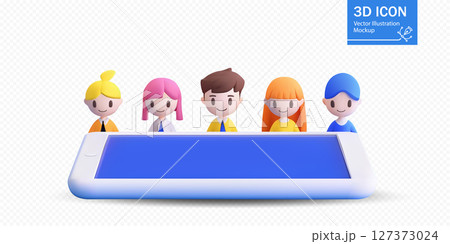 Colorful 3D vector illustration featuring five unique characters standing behind a large smartphone. Ideal for concepts related to teamwork, communication, and digital interaction 127373024