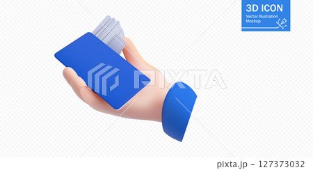 Detailed 3D vector illustration featuring a hand holding a stack of blue credit cards. Ideal for financial, banking, and payment-related projects and designs 127373032