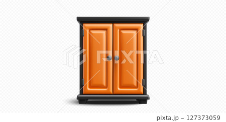 Bright orange cabinet with black accents perfect for home organization in any room or setting 127373059