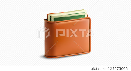 Elegant leather wallet showcasing folded cash and card slots on a neutral background in a minimalistic style Elegant leather wallet showcasing folded cash and card slots on a neutral background in a minimalistic style 127373063